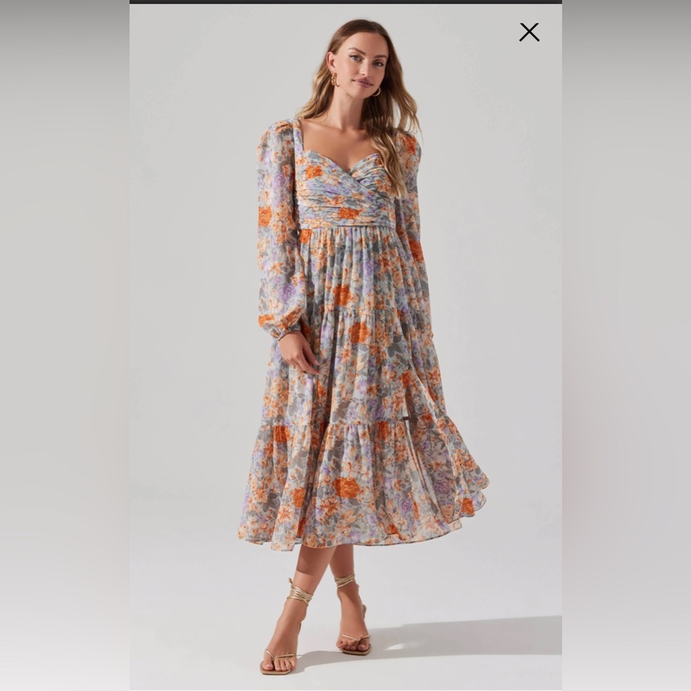 FLORAL PLEATED SURPLICE PUFF SLEEVE MIDI DRESS